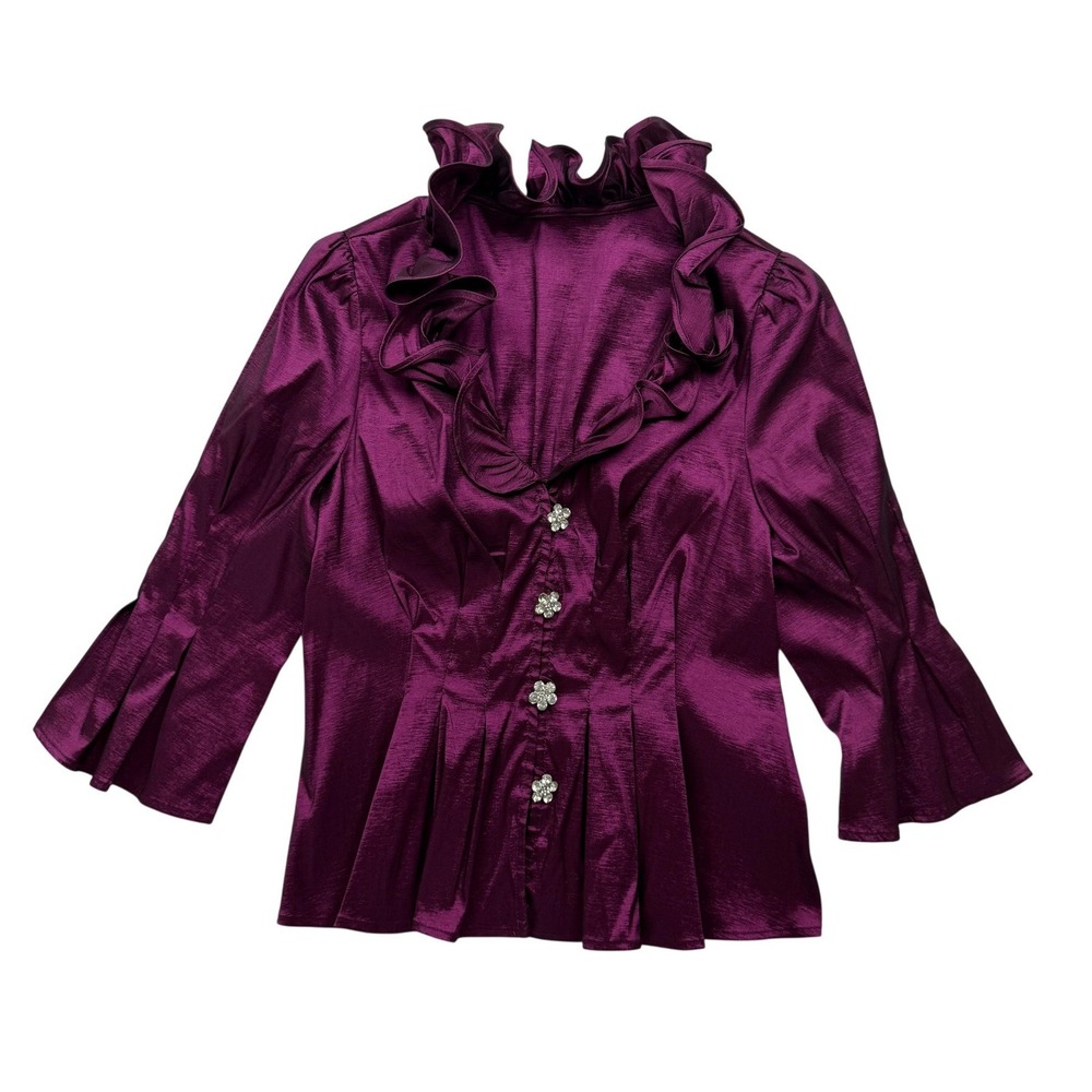 Y2K Purple Ruffle Blouse Rhinestone Buttons Bell Sleeve Pleated Top